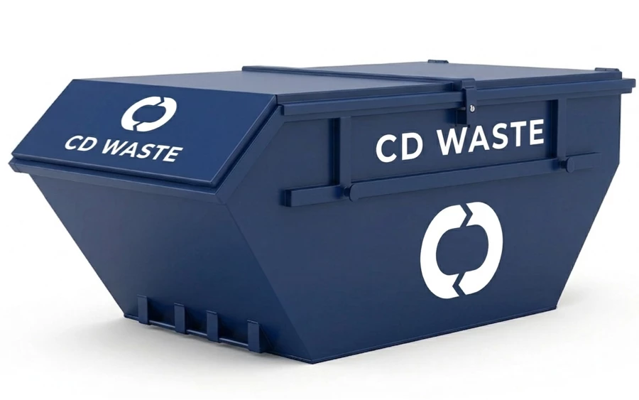 The 14-yard enclosed skip provides secure waste disposal for projects with hazardous or confidential materials, ensuring safety and compliance. Photo is a render of a blue 14-yard lockable skip with CD Waste's branding in white