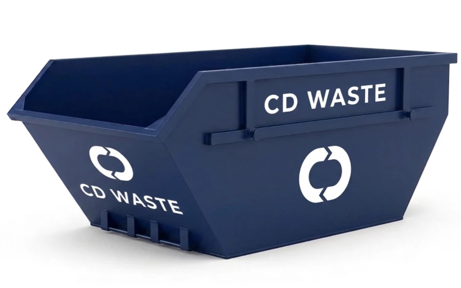 Offering more space, the 14-yard open skip is suited for larger construction or demolition projects, accommodating substantial waste volumes with ease. Photo is a render of a blue 14-yard open skip with CD Waste's branding in white