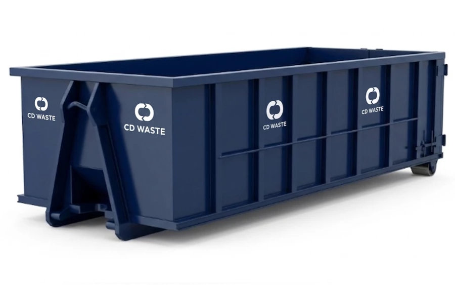Photo is a render of a blue 35-yard roro open top container with CD Waste's branding in white