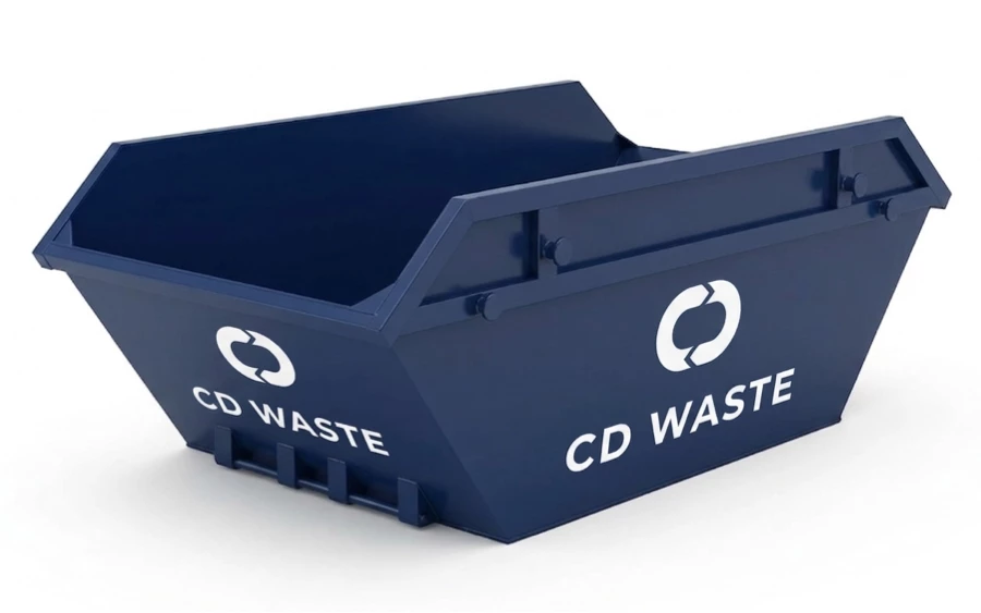Ideal for general waste disposal, the 8-yard open skip is perfect for construction sites, renovations, and large clean-up projects, offering convenient waste management. Perfect for construction waste on smaller sites. Photo is a render of a blue 8-yard open skip with CD Waste's branding in white