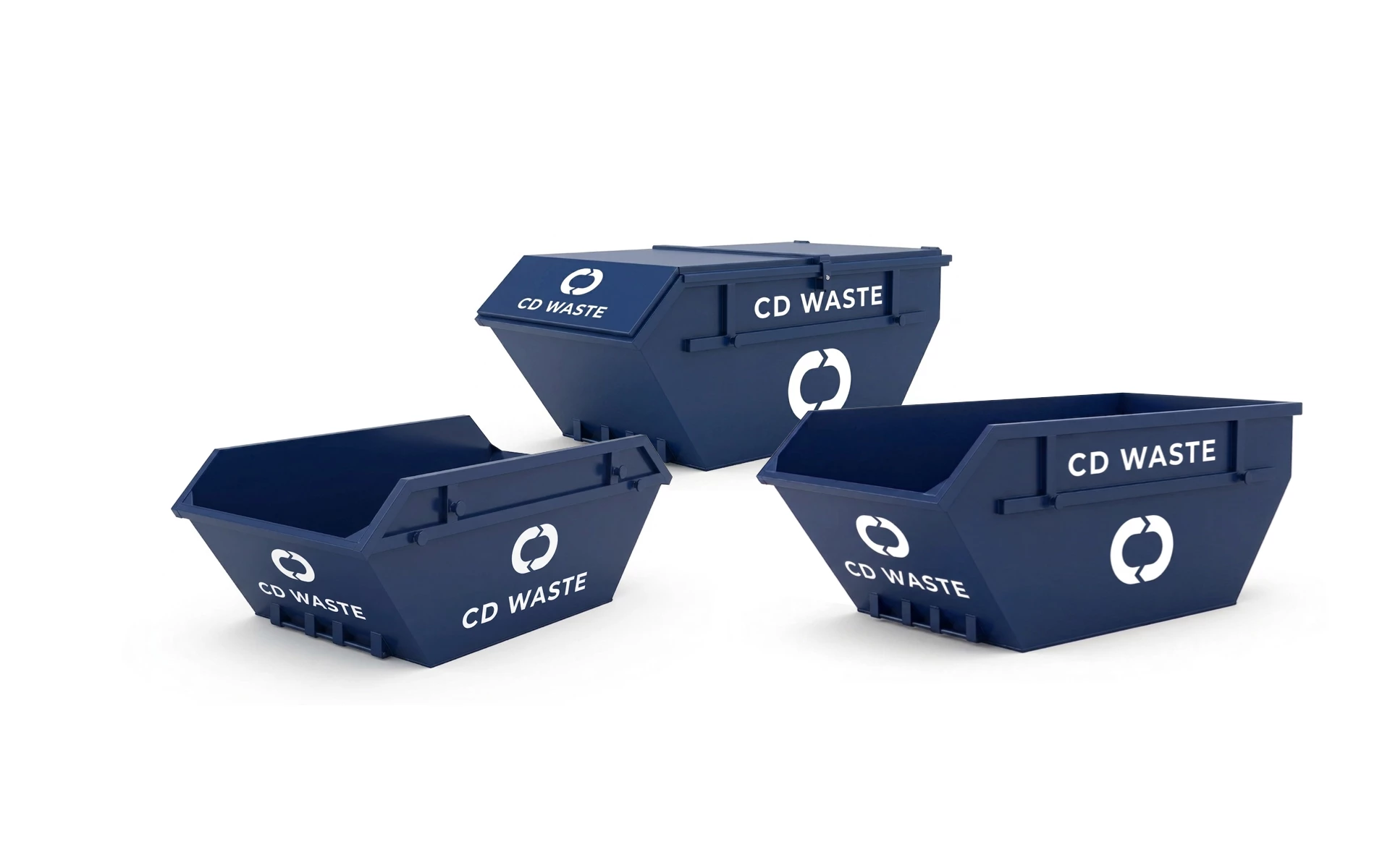 CD Waste branded skips. 8-yard open skip and 14-yard open and lockable skips